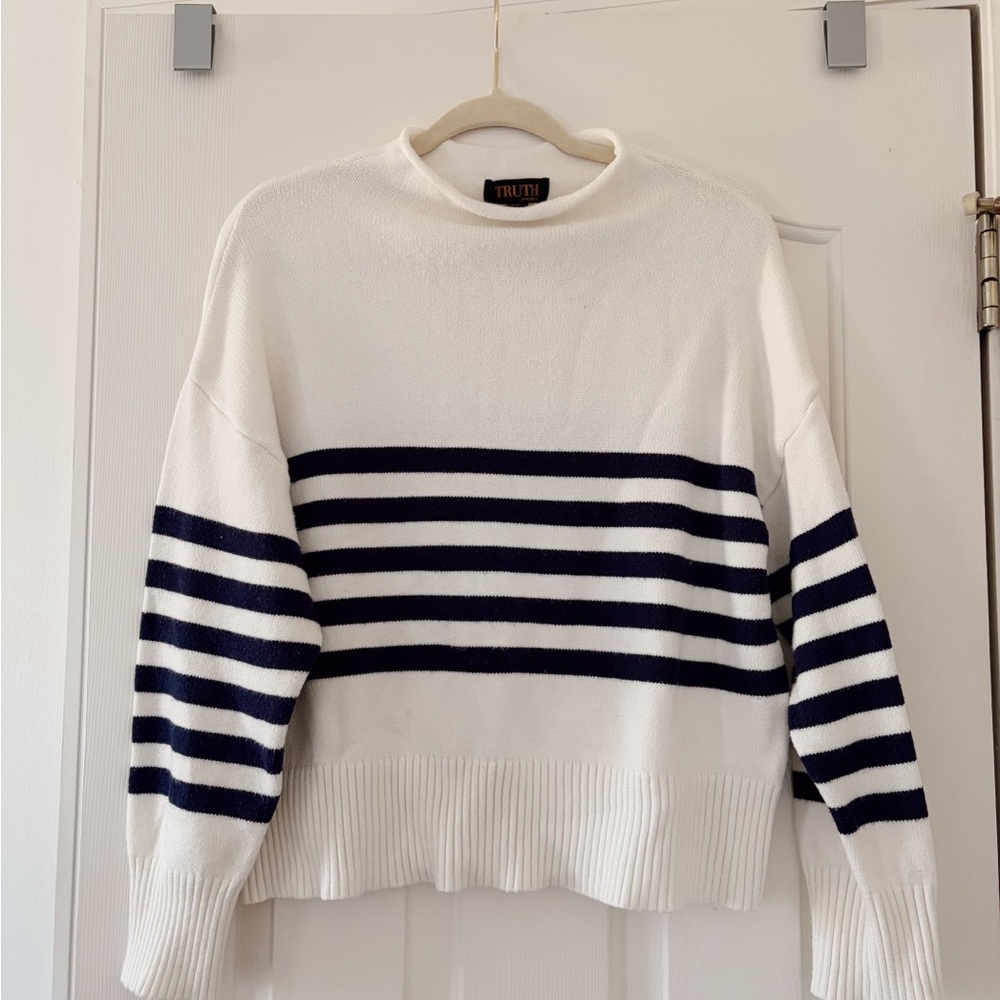 Truth White and Black Striped Crew Neck Sweater